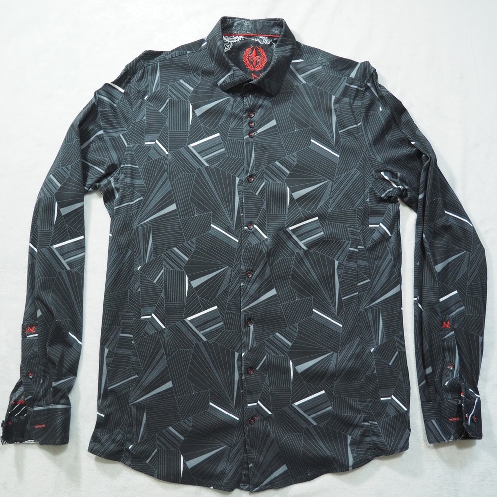 Au Noir Sz 3/M Men's Black Geometric Button-Down Shirt 100% Mercerised Cotton